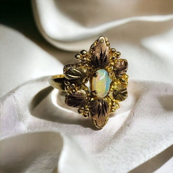 Antique 10k Gold Opal Ring Size 5.75 Victorian Era Flower Ring Leaf Ring 1.6g - Picture 3 of 15